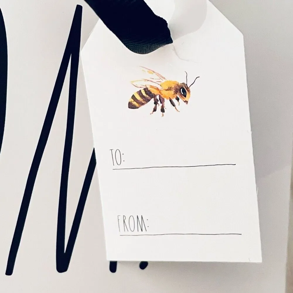 NWT Rae Dunn White Super Mom gift bag with bees & hanging to:/from: little card
